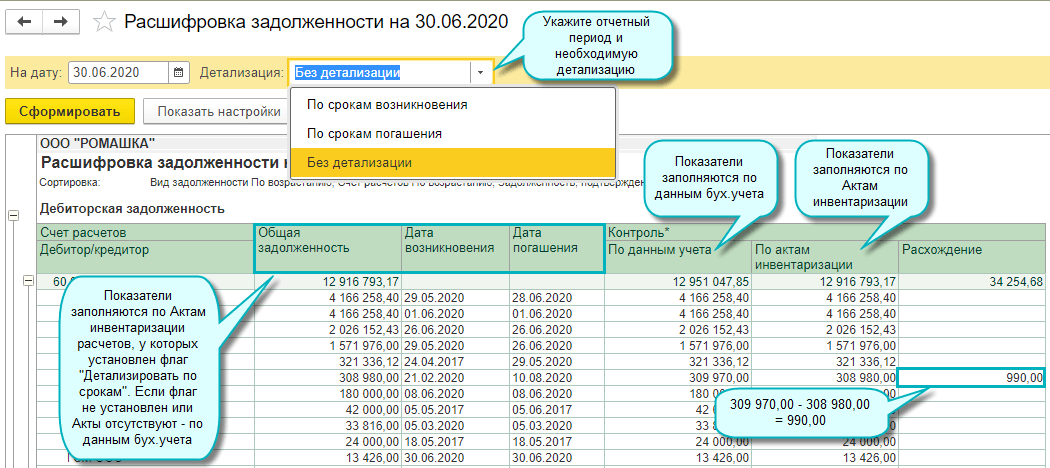 Инвентаризация расчетов и расшифровка задолженности в 1С Садовод